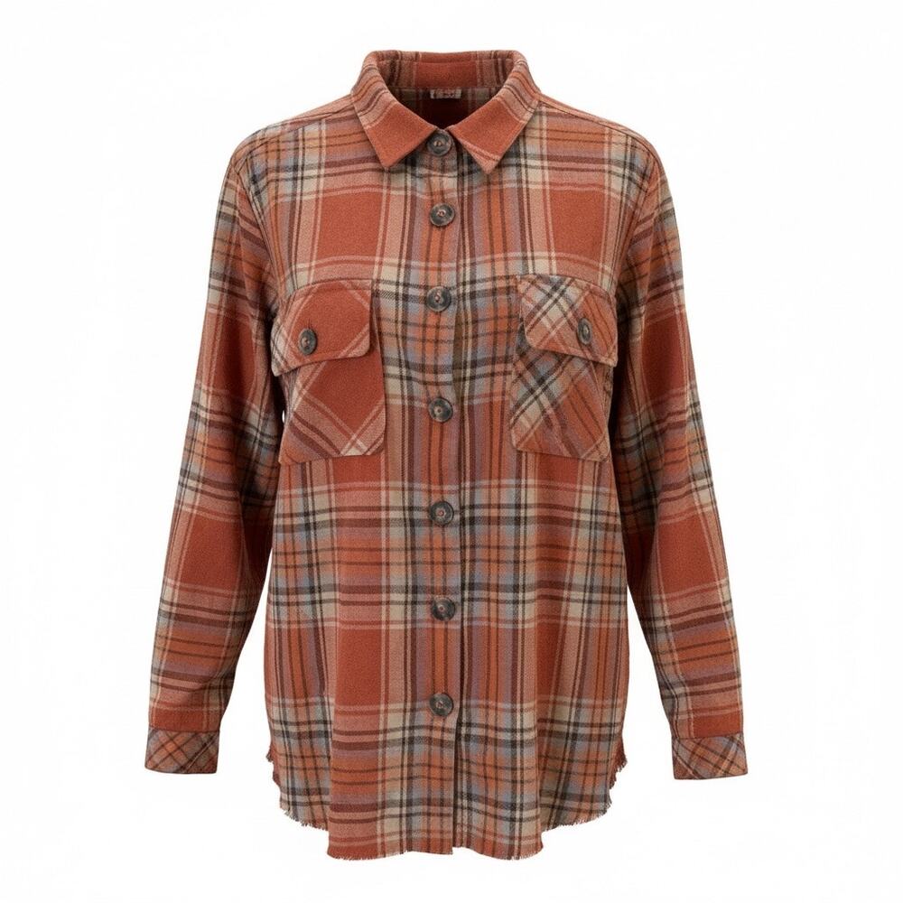 Democracy Women Multicolored Button Front Raw Hem Flannel Shirt Size S - NWT